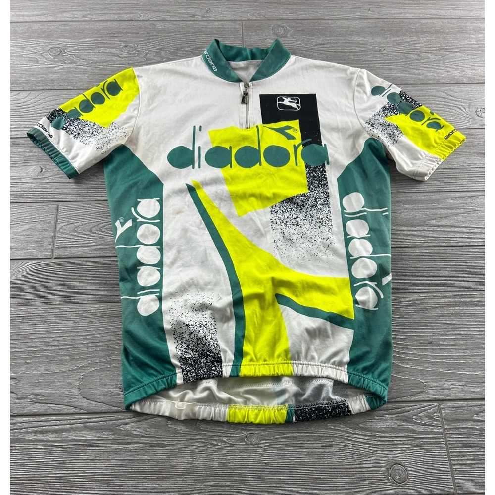 Giordana Diadora Cycling Jersey Mens Green Yellow White 1/4 Zip Short Sleeve